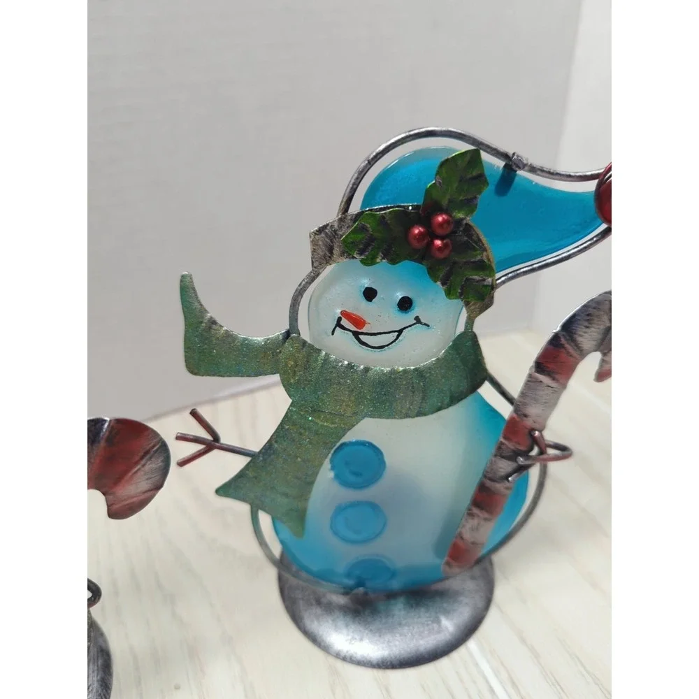 Blue white glass metal candy canes accents Snowman pair tea light candle holders